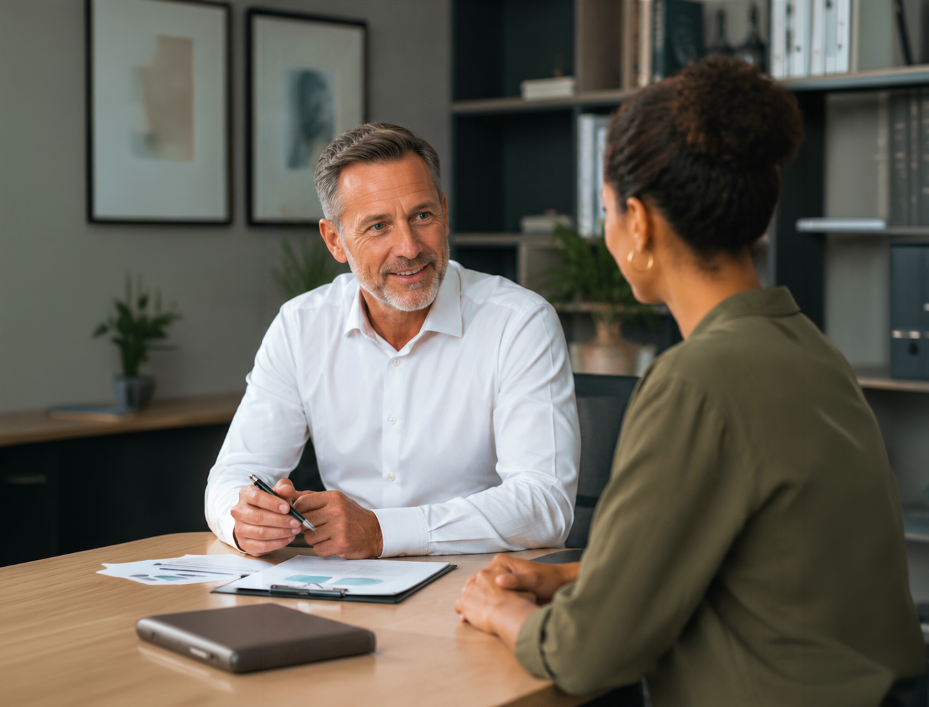 Échange professionnel dans un bureau